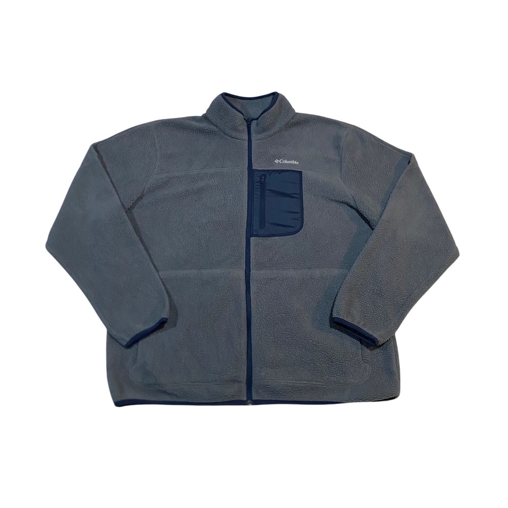 Columbia Mens XL Full Zip Sherpa Fleece Jacket Gray Navy AM0478 Outdoor Hiking